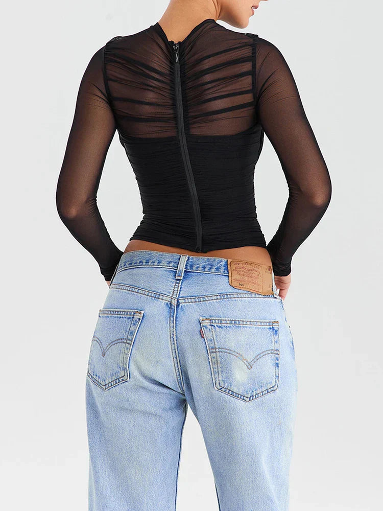 Dames-T-shirt van mesh met lange mouwen - Jenna